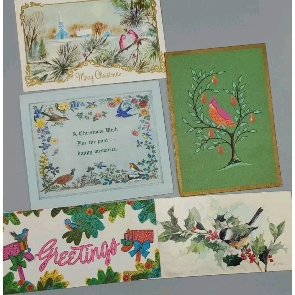 5 Old Vtg‎ Used Christmas Card Fronts Craft Birbs Birds Chickadee Partrige Robin